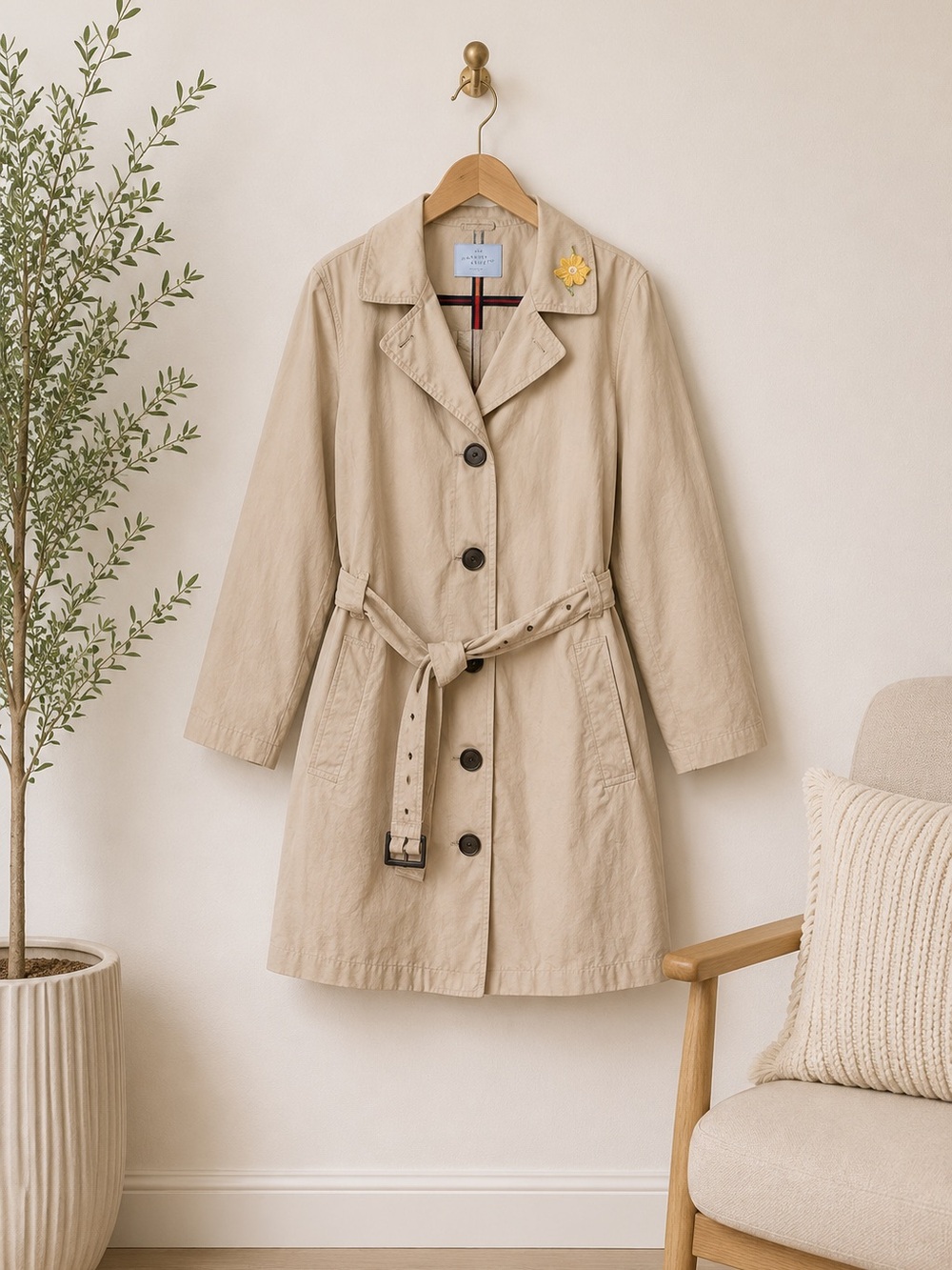 Denver Hayes Tan Belted Trench Coat Women Minimalist Classic Normcore Jacket 2XL